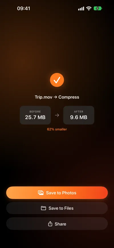 A compressed video in Pomelo, from 25.7 MB down to 9.6 MB