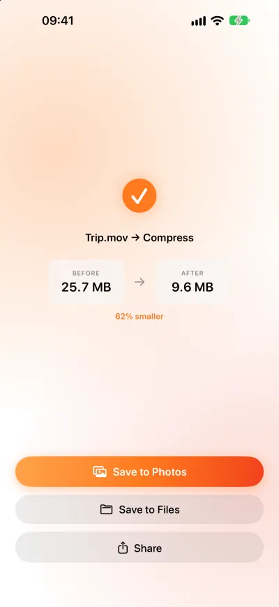 A compressed video in Pomelo, from 25.7 MB down to 9.6 MB