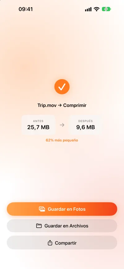 Un vídeo comprimido en Pomelo, de 25,7 MB a 9,6 MB