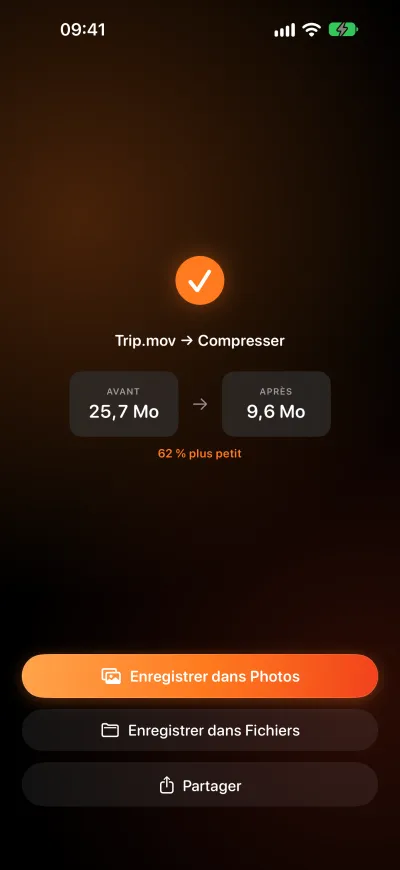 Une vidéo compressée dans Pomelo, de 25,7 Mo à 9,6 Mo