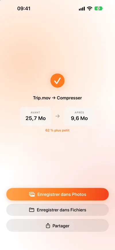 Une vidéo compressée dans Pomelo, de 25,7 Mo à 9,6 Mo