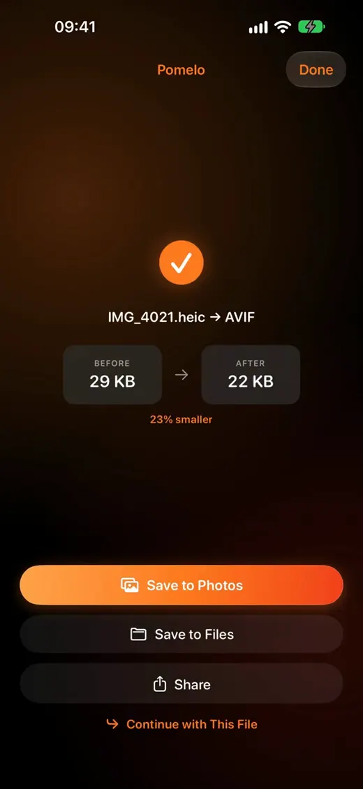 A HEIC photo converted to AVIF in Pomelo, 23% smaller
